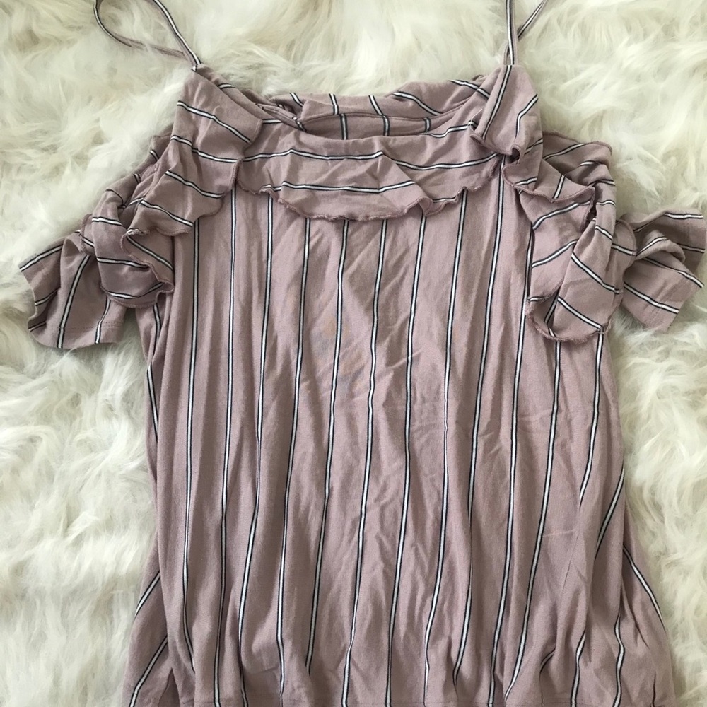 Mauve and white stripe ruffle tank top